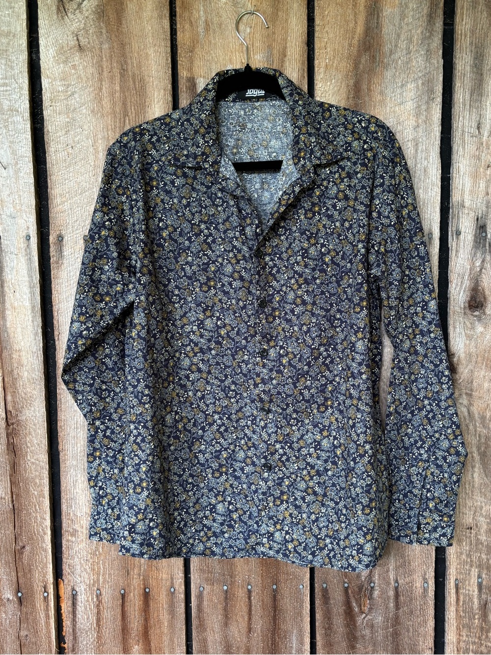 Jogal Floral Button Up Shirt Mens Medium Navy Blue Long Sleeve Cottagecore Boho